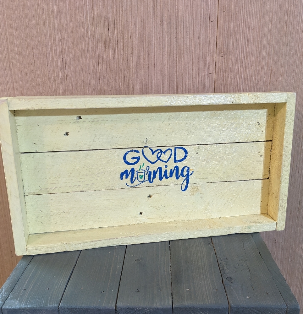 Handmade Wood Tray Hand Crafted Good Morning with Handles